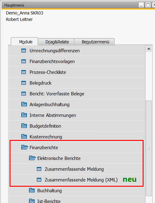 ELMA5-Update für SAP Business One - Zusammenfassende Meldung im Hauptmenü erzeugen: